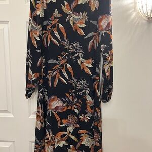 Black Floral Long Sleeve Midi Dress in Rust and Cream